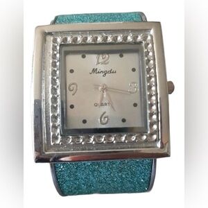 Teal Sparkle Square Watch — Rhinestone Bezel & Vintage Mingdu Dial